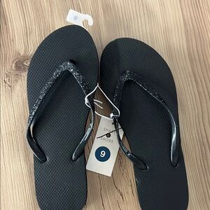Black Flip Flops with Glitter Straps